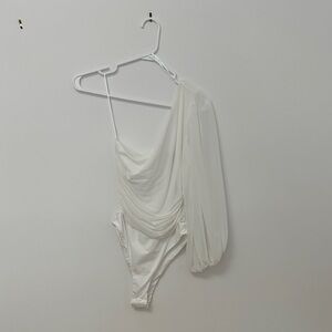 Hello Molly White One-Shoulder Draped Bodysuit with Sheer Puff Sleeve